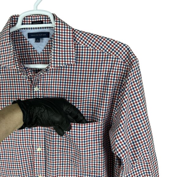 Tommy Hilfiger Mens XL Red White Blue Gingham Long Sleeve Button Shirt Timeless - Picture 4 of 16